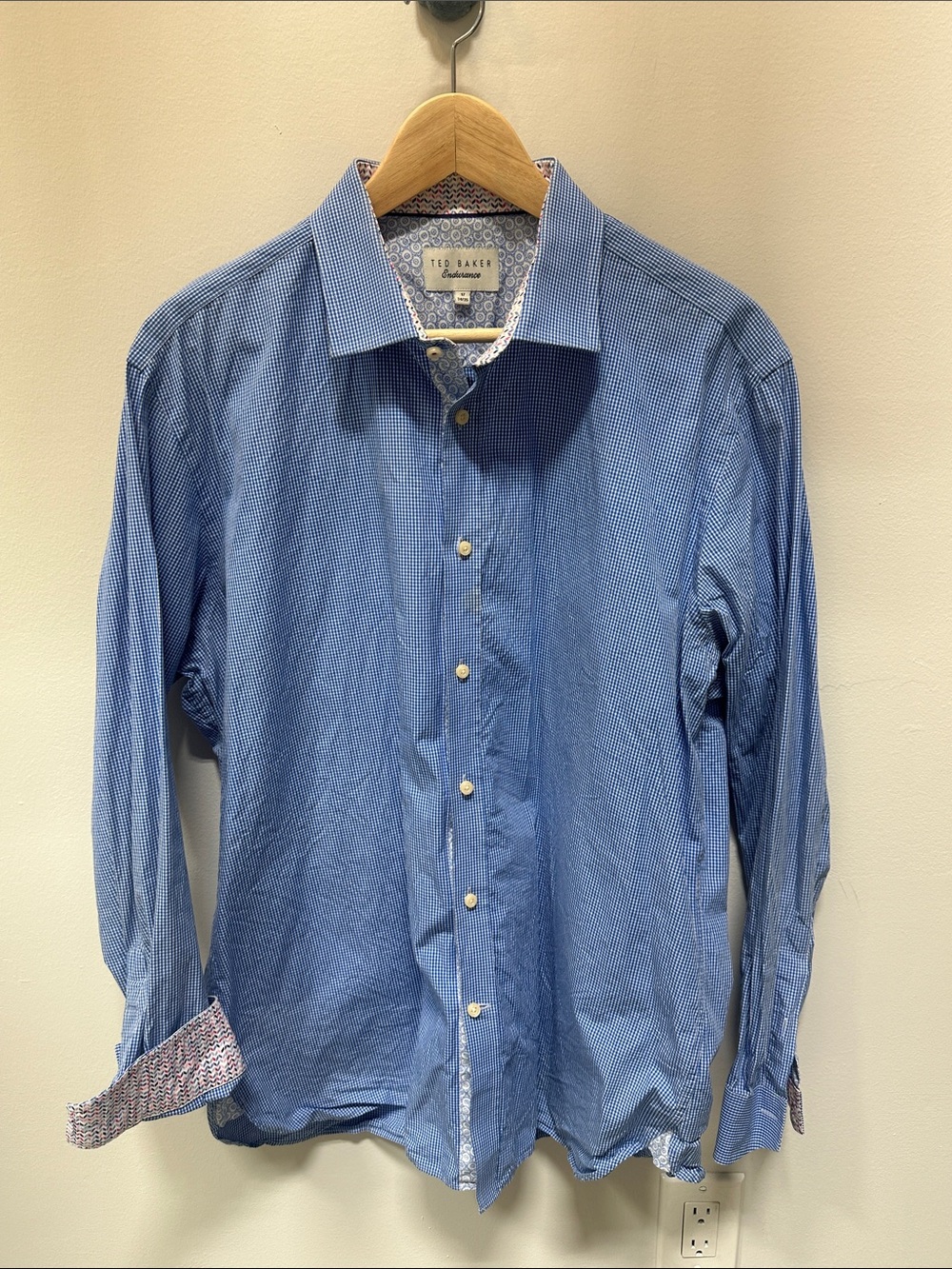 Ted Baker Blue Endurance Printed Trim Long-Sleeve Dress Shirt Sz 17 34/35